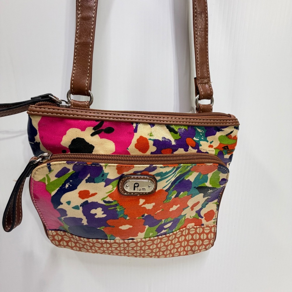 Plum Womens Floral Crossbody Bag Multicolor Cotton Coated Canvas Brown Trim